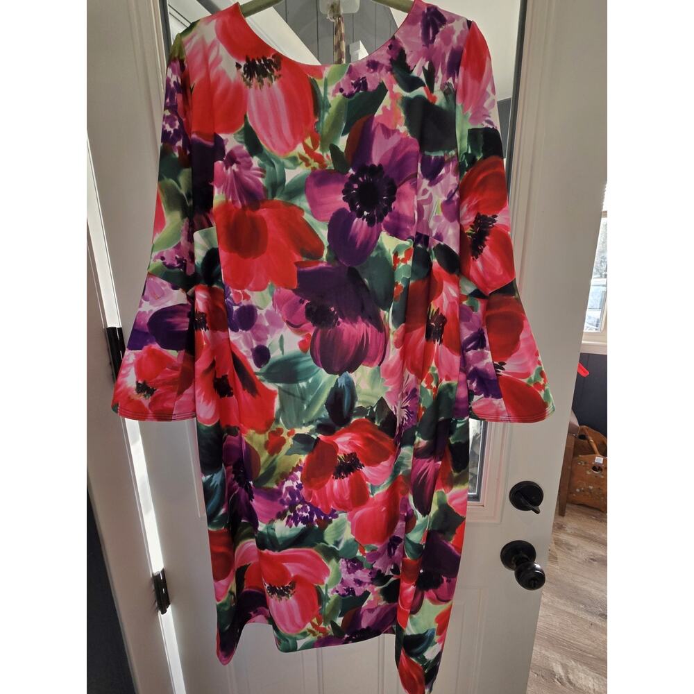 CALVIN KLEIN Women's Plus 20W Colorful Floral Sheath Dress Bell Sleeves Stretch